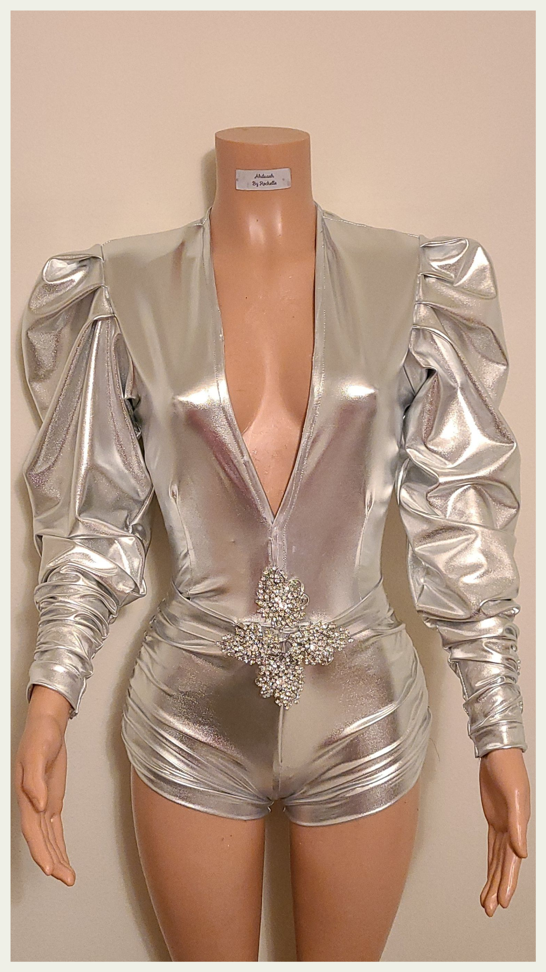 Chalicea-romper-metallic-spandex-plunge-neckline-ruffled-sleeves-rhinestone-embellished-belt_3