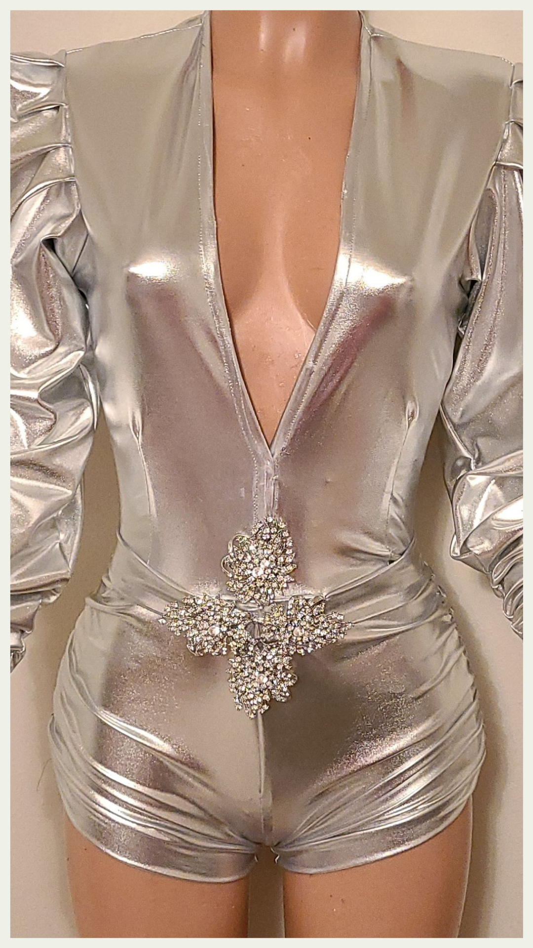 Chalicea-romper-metallic-spandex-plunge-neckline-ruffled-sleeves-rhinestone-embellished-belt_4