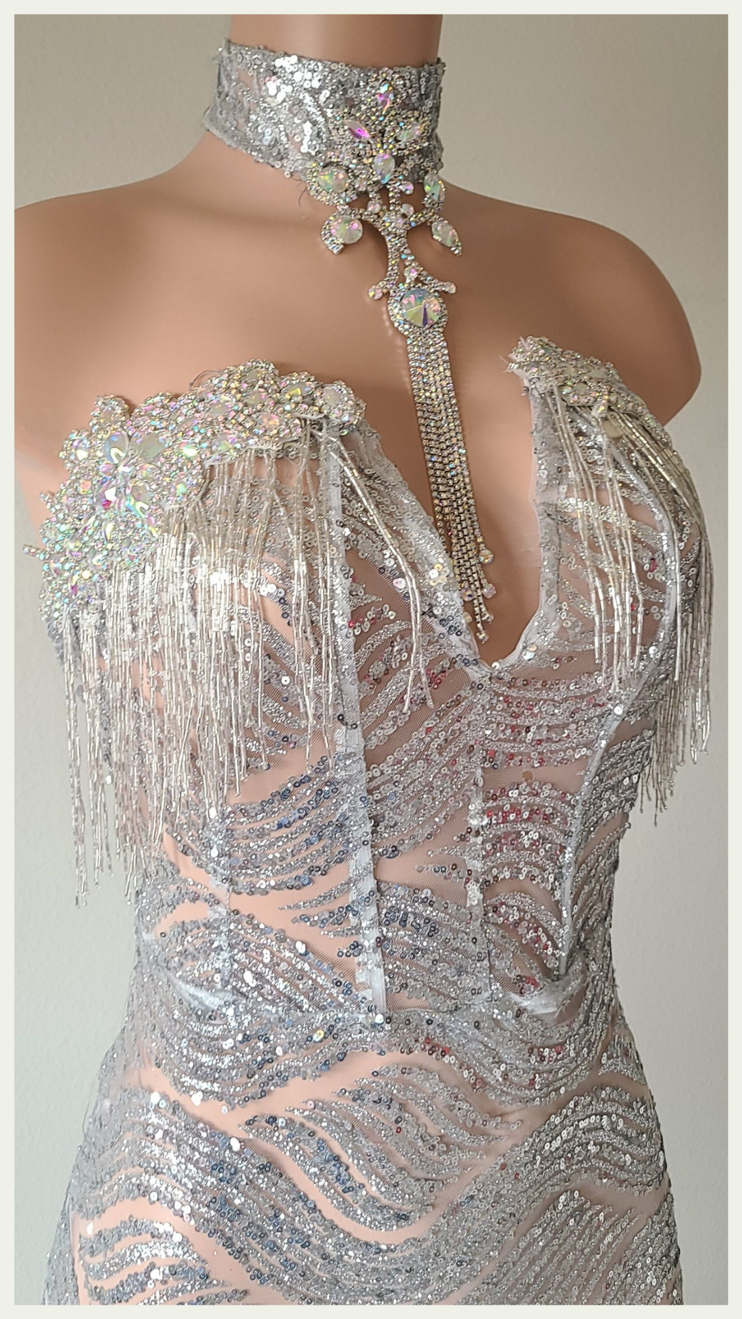 Denise-wedding-prom-dress-silver-lace-mermaid-bottom-choker-collar-bust-embellished-rhinestone-appliqué-fringe_4